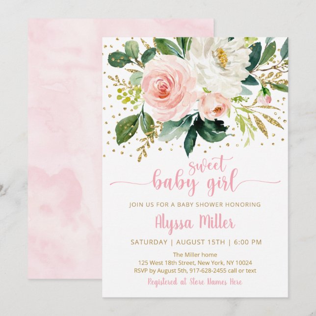 Invitación Bebé dulce Chica Boho Floral Oro rosa Baby Shower (Anverso / Reverso)
