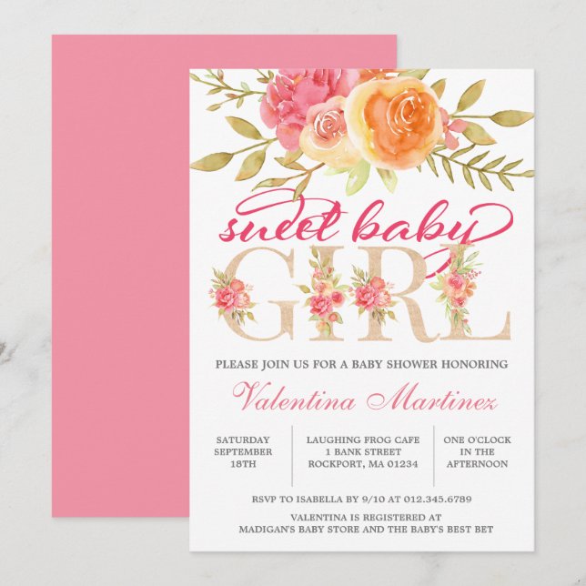 Invitación Bebé dulce Chica otoño Baby Shower con flores rosa (Anverso / Reverso)
