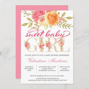 Invitación Bebé dulce Chica otoño Baby Shower con flores rosa