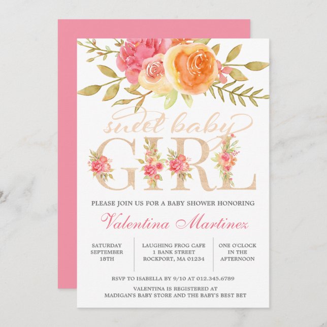 Invitación Bebé dulce Chica otoño Baby Shower con flores rosa (Anverso / Reverso)