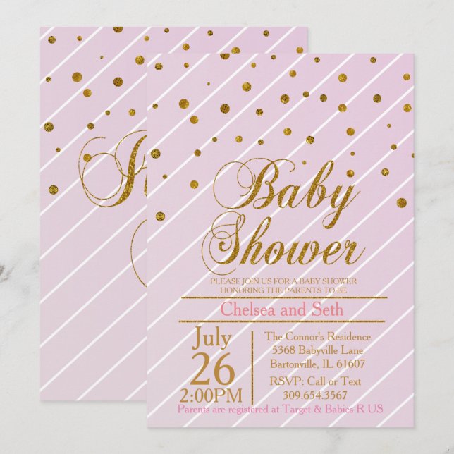 Invitación Bebé dulce chica rosa y confetti de oro | BABY SHO (Anverso / Reverso)