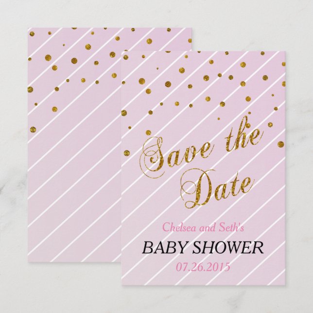 Invitación Bebé dulce chica rosa y confetti de oro | BABY SHO (Anverso / Reverso)
