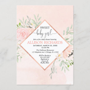 Invitación Bebé dulce Chica Rubor rosa dorado floral