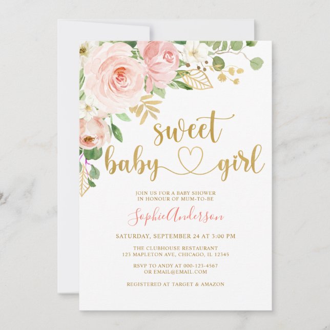Invitación Bebé dulce chica Rubor Rosa Gold Floral Baby Showe (Anverso)