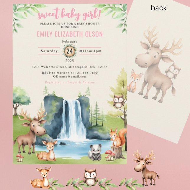 Invitación Bebé dulce chica Woodland Animals Waterfall Shower (Subido por el creador)