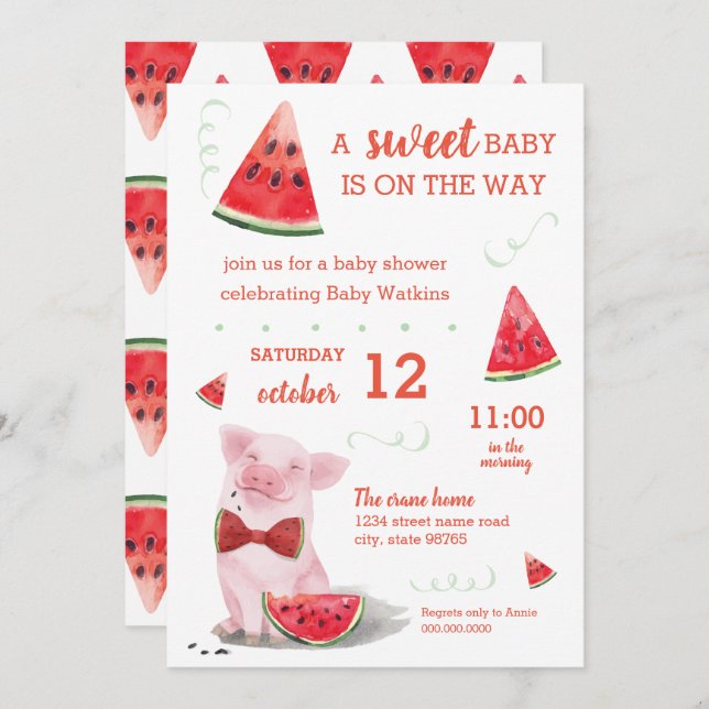 Invitación Bebé dulce del cerdo de la sandía Baby Shower de v (Anverso / Reverso)