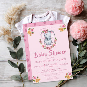 Invitación Bebé dulce Elefante Rosa Boho Floral Baby Shower