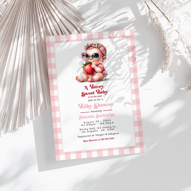 Invitación Bebé Dulce: Fiesta de Shower a Cuadros y Fresas (Gingham and Strawberry Berry Sweet Baby Shower Invitation)