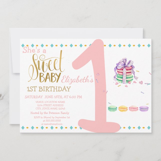 Invitación Bebé dulce Macarons Aniversario a rayas (Anverso)