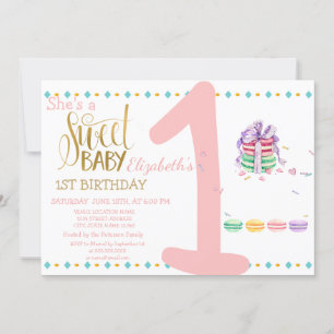 Invitación Bebé dulce Macarons Aniversario a rayas