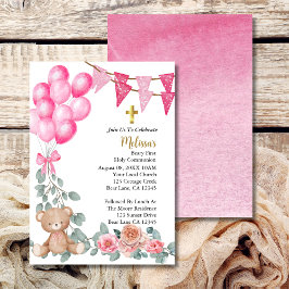 Invitación Bebé dulce niña globo rosa primera comunión sagrad