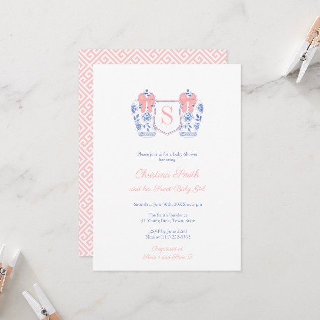 Invitación Bebé dulce Niña Monograma Ginger Jar Baby Shower (Anverso/Reverso In Situ)