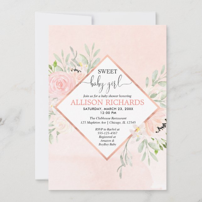 Invitación Bebé dulce Niña Rubor rosa dorado floral (Anverso)