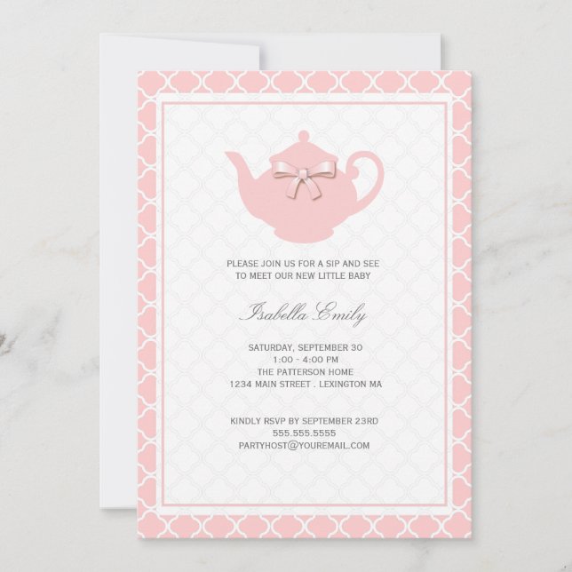 Invitación Bebe dulce rosa tetera y ver Fiesta del té (Anverso)