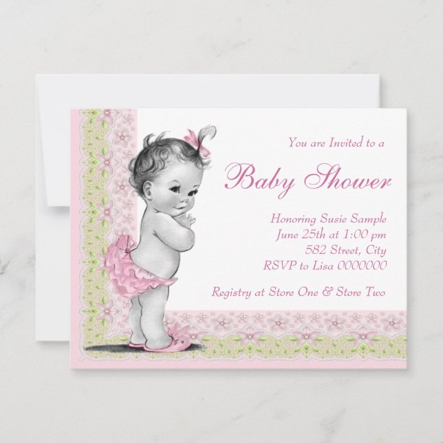 Invitación Bebé dulce rosa y Baby Shower verde (Anverso)