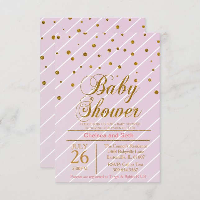 Invitación Bebé Dulce Rosa y Confeti Dorado | Baby Shower (Anverso / Reverso)