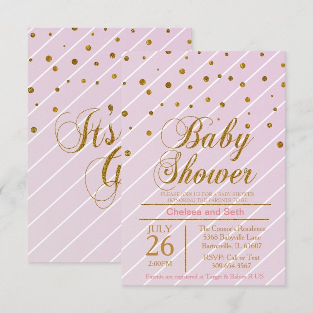 Invitación Bebé dulce rosa y confetti de oro | BABY SHOWER (Anverso / Reverso)