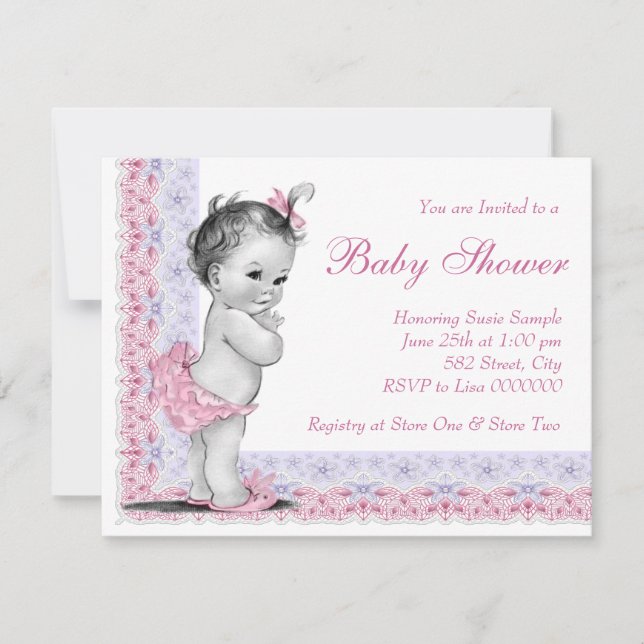Invitación Bebé dulce rosa y morado Baby Shower (Anverso)
