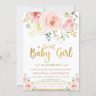 Invitación Bebé dulce Rubor Pink Gold Floral Baby Shower