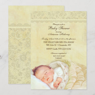 Invitación Bebé durmiendo vintage suave encaje amarillo paste