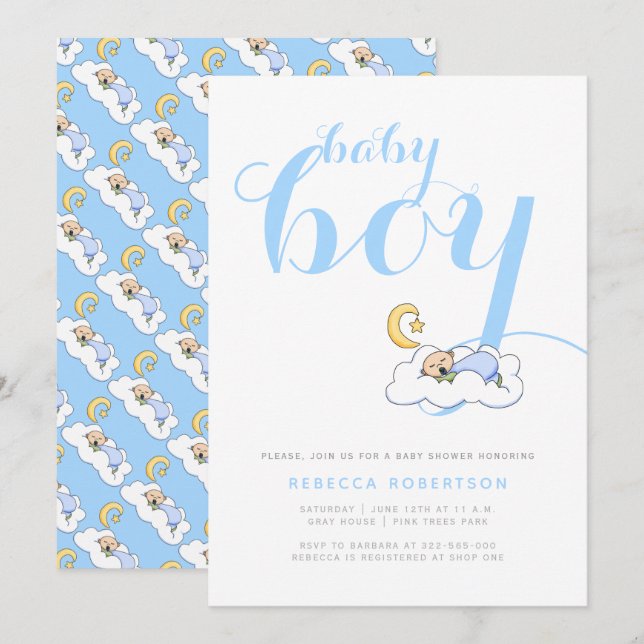 Invitación Bebé durmiente ducha elegante tipografía azul (Anverso / Reverso)