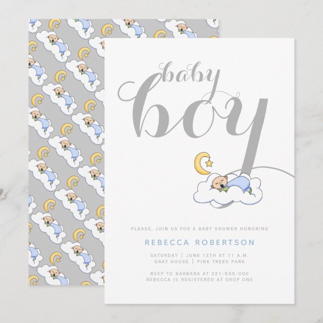 Invitación Bebé durmiente ducha elegante tipografía gris (Anverso / Reverso)