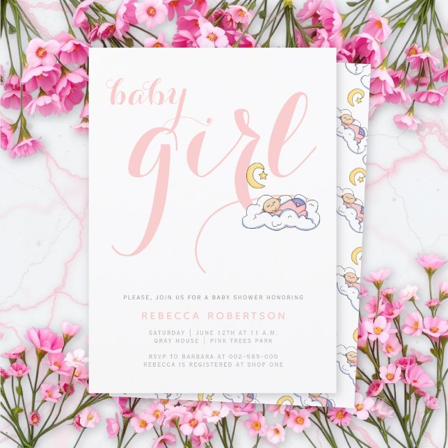 Invitación Bebé durmiente ducha elegante tipografía rosa (Subido por el creador)