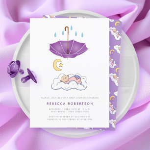 Invitación Bebé durmiente ducha paraguas púrpura lindo