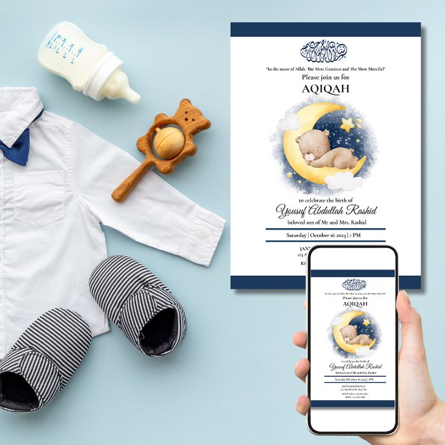 Invitación Bebé durmiente en la luna niño musulmán Aqiqah Aqe (Moon Bear Sleeping Baby Boy Muslim Aqiqah Aqeeqa Invitation)