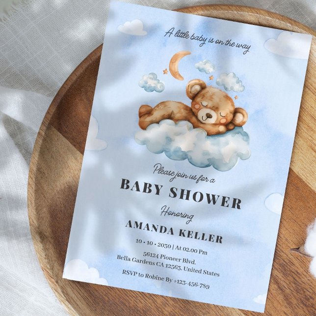 Invitación Bebé durmiente lindo oso azul nube Baby Shower (Subido por el creador)