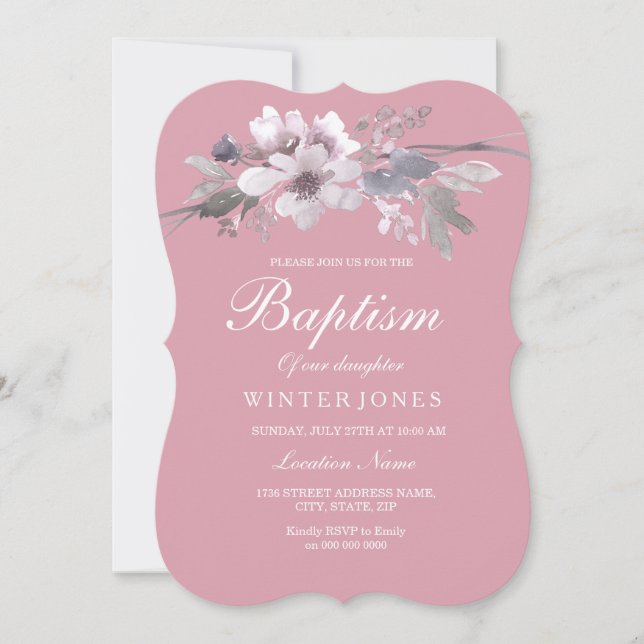 Invitación Bebé Dusty Rosa Floral Baptismo Bebé Cristiano Cri (Anverso)