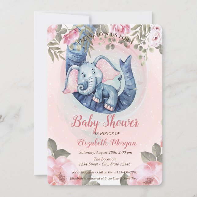 Invitación Bebé Elefante Adorable Shower de Bebé Floral (Anverso)