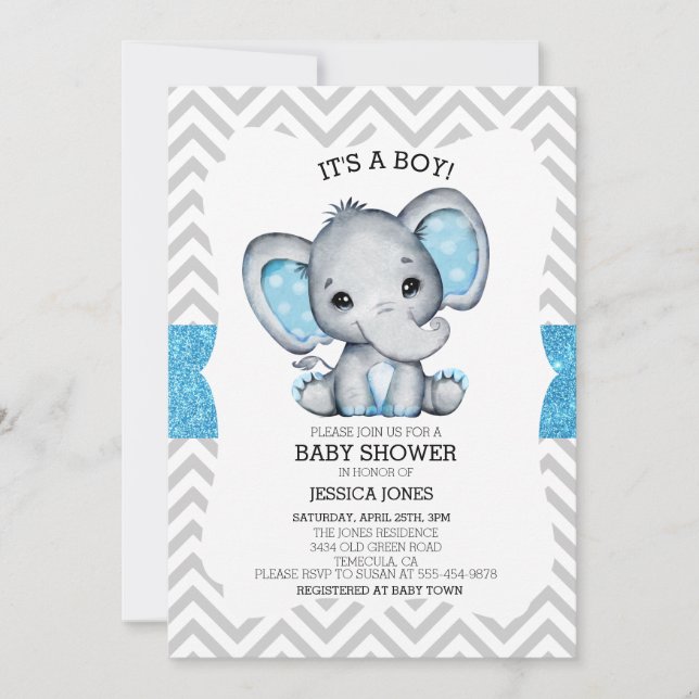 Invitación Bebé Elefante Azul con Brillo en Forma de Chevron (Anverso)