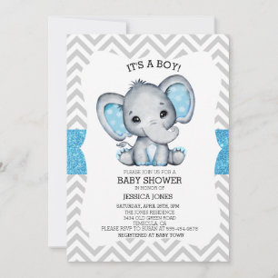 Invitación Bebé Elefante Azul con Brillo en Forma de Chevron