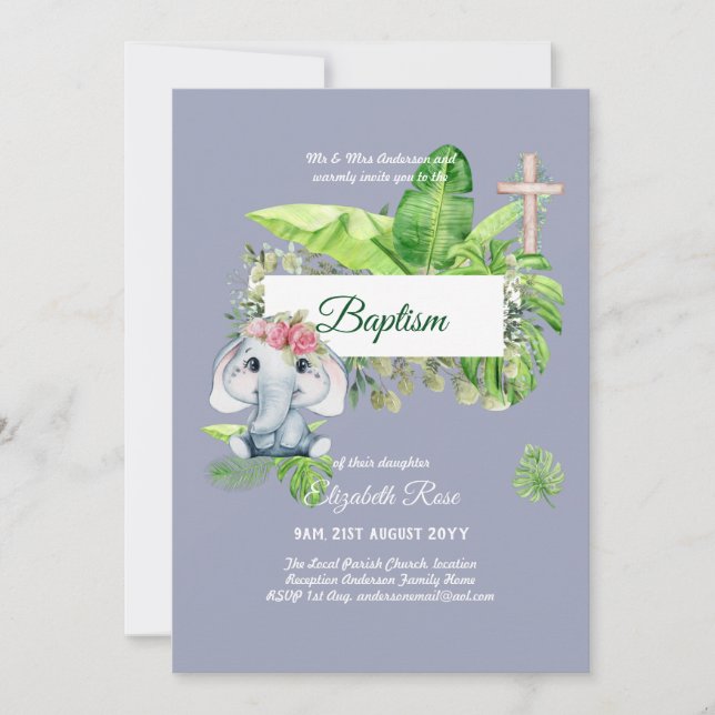 Invitación Bebé elefante BAPTISM Bautizo Bautismo Invtismo (Anverso)