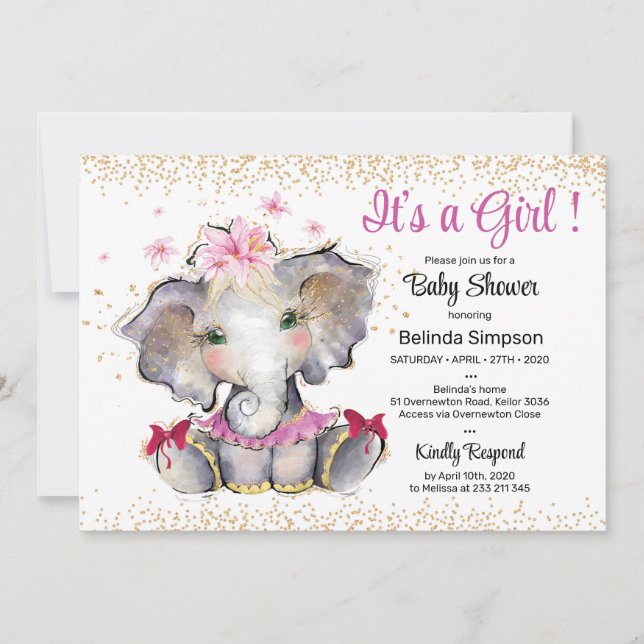 Invitación Bebe elefante invitado por Baby Shower con dorado  (Anverso)
