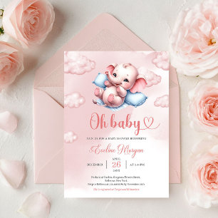 Invitación Bebé elefante lindo en cuna de bebé rosa y azul 