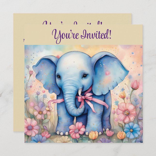 Invitación Bebé elefante lindo en un jardín pastel (Anverso / Reverso)