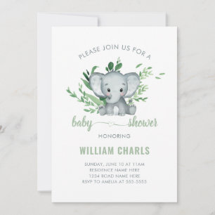 Invitación Bebé Elefante Lindo Niño Verde Blanco Jardín
