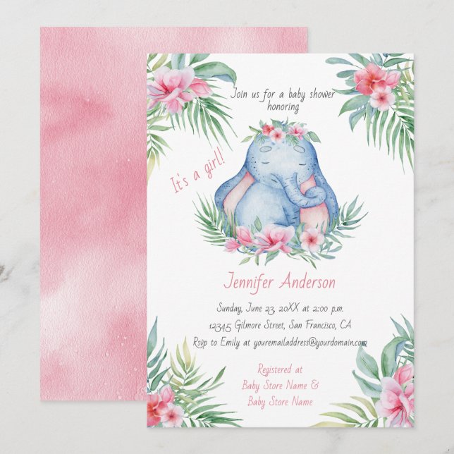 Invitación Bebé Elefante Tropical Bebé Bebé (Anverso / Reverso)
