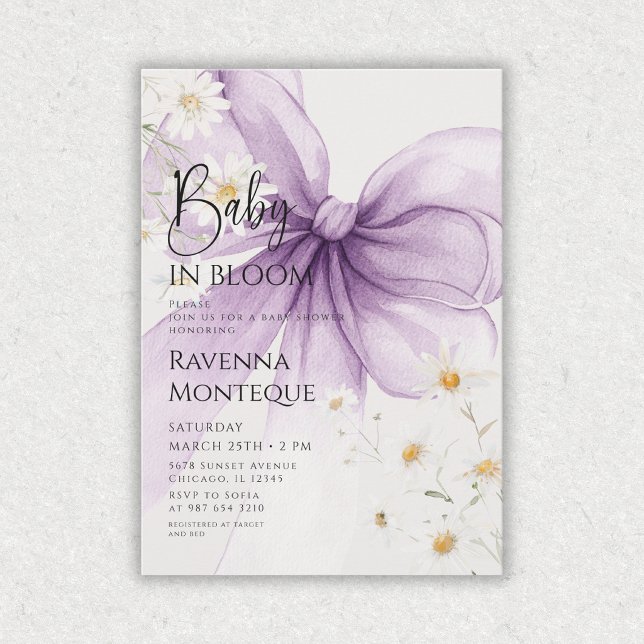Invitación Bebé Elegante en Flor Bow Lila Fiesta de Bebé Dais (Subido por el creador)