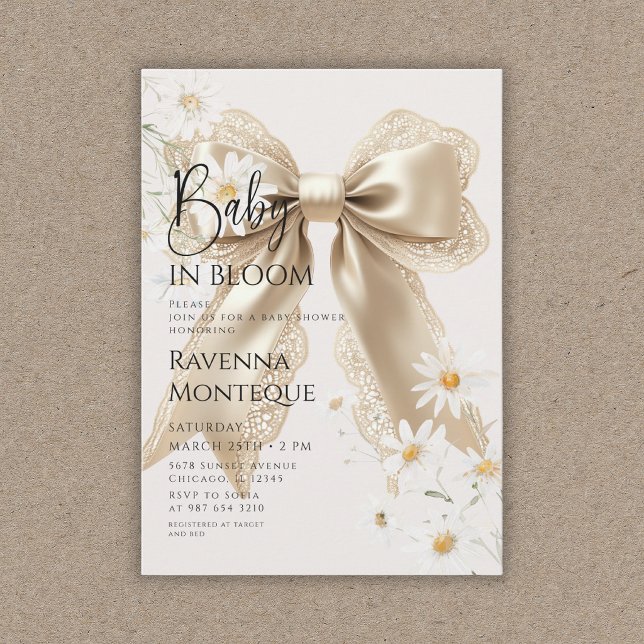 Invitación Bebé Elegante en Flor Gold Bow Daisy Fiesta de Beb (Subido por el creador)