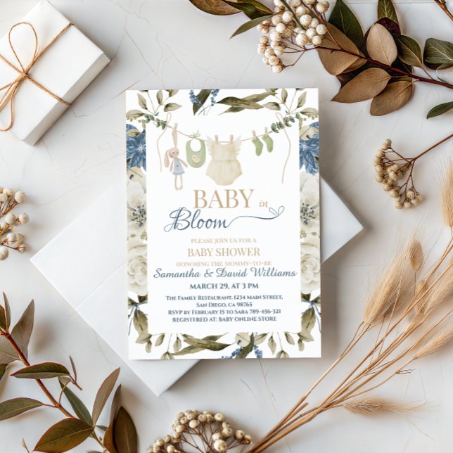 Invitación Bebé Elegante en Flor Greenery Cuerda de Ropa (Subido por el creador)