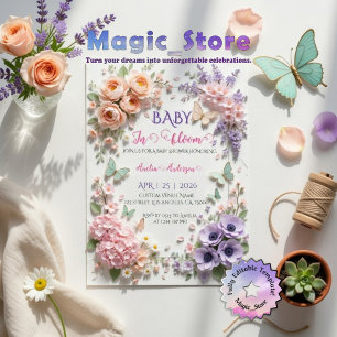 Invitación Bebé Elegante en Flor Mariposas Florales Pastel