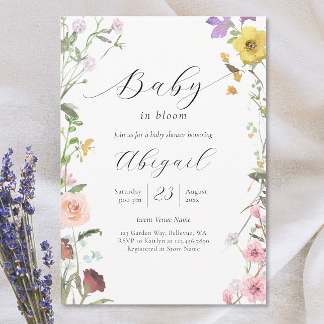 Invitación Bebé Elegante En La Flora Floral De Flor Silvestre (Subido por el creador)