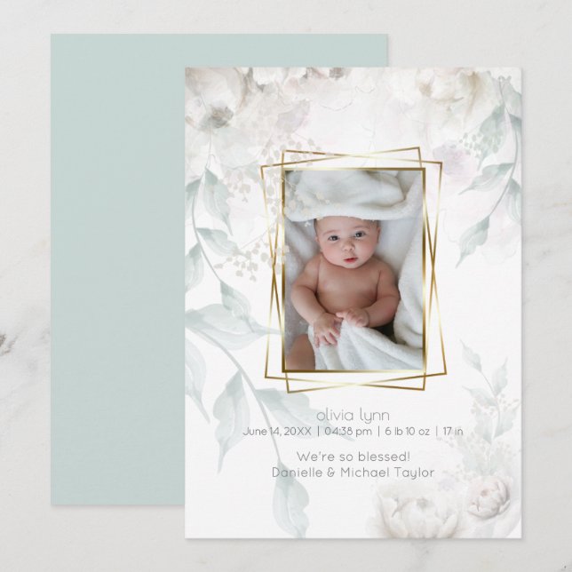 Invitación Bebé | Elegantes Peonies Blancos de Alabastro (Anverso / Reverso)