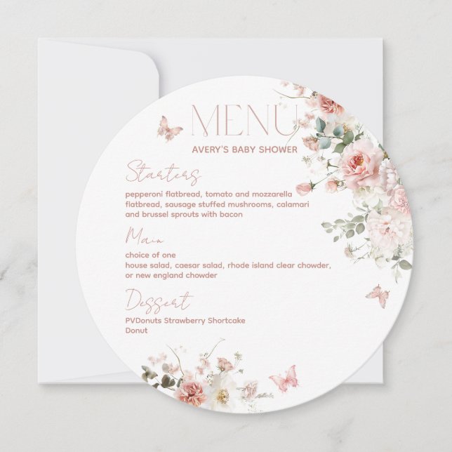 Invitación Bebé en Baby Shower, Chica floral de rosas rosadas (Anverso)