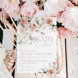 Invitación Bebé en Baby Shower, Chica floral de rosas rosadas