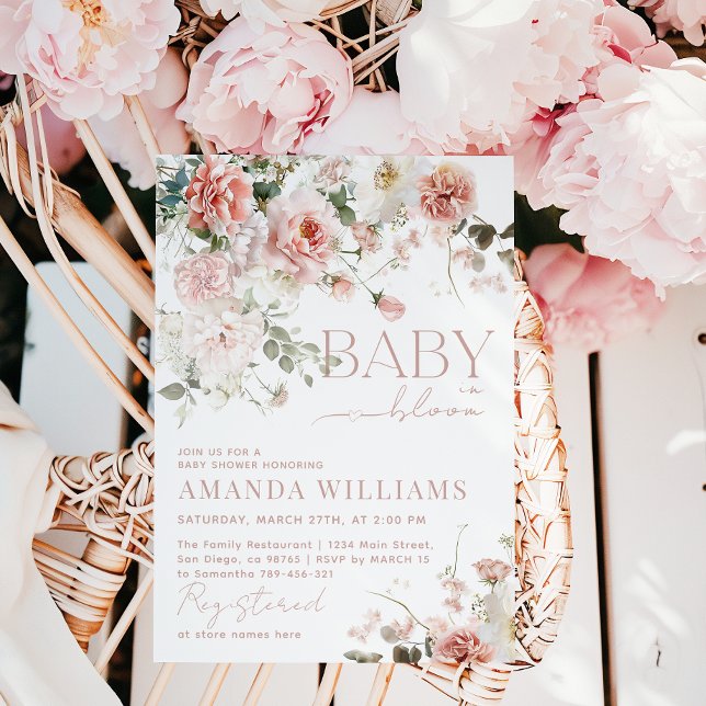 Invitación Bebé en Baby Shower, Chica floral de rosas rosadas (Subido por el creador)