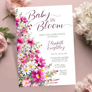 Invitación Bebé en Baby Shower, Chica floral rosa brillante e